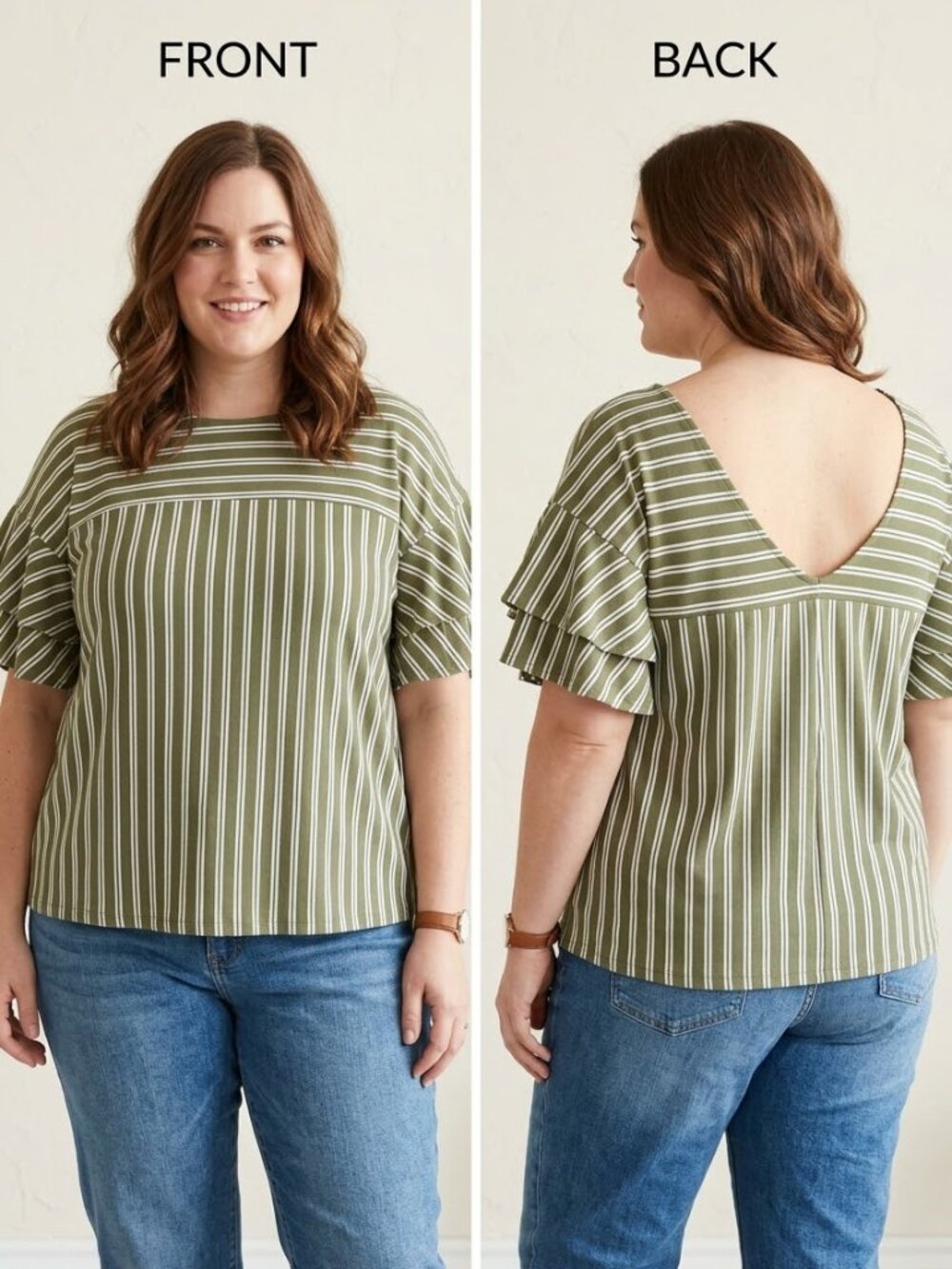 Terra & Sky Women's Size 2X (20W-22W) Green White Striped Flutter Sleeve Top